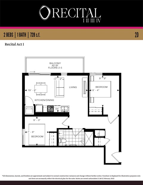 Floor plan for 2 beds, 1 bath, 728 sqft